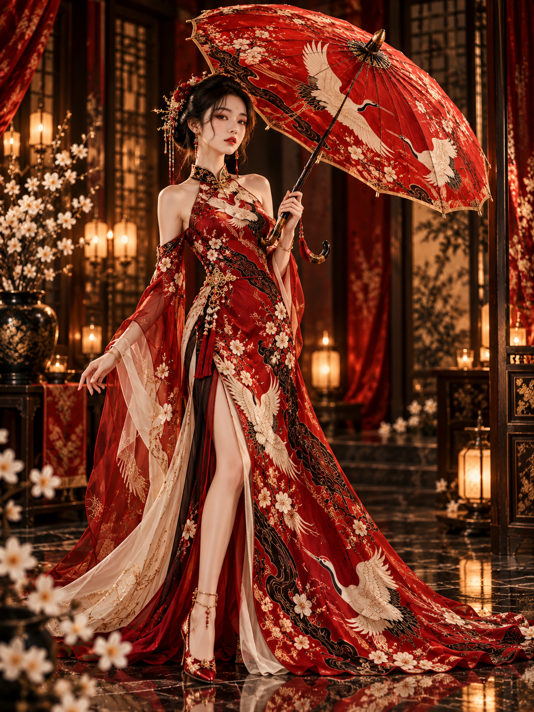 Vermilion Crane Parasol