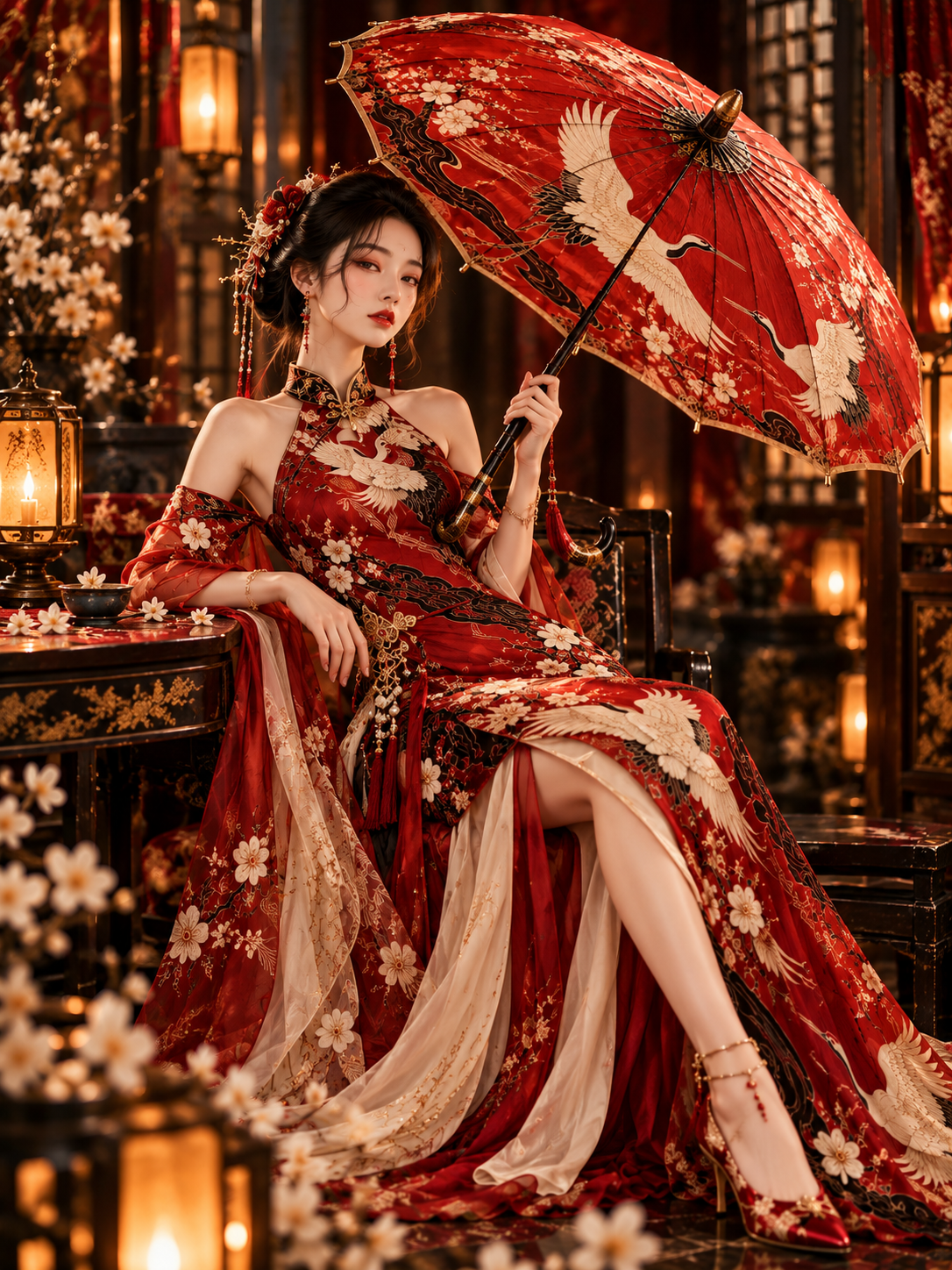 Vermilion Crane Parasol